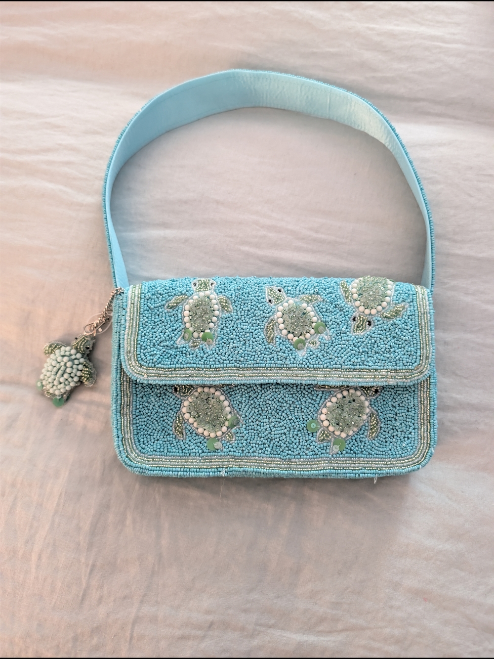 NEW Hand Beaded Turtle Embellished Shoulder Bag & Turtle Bag Charm Blue Green